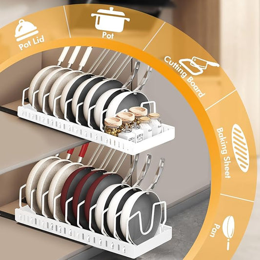 2 Pcs Pull-Out Pots and Pans Organizer Under Cabinet, Pot and Pan Organizers Inside Cabinet for Kitchen Cabinet Storage and Pots Storage Rack Pans Lid Dishes Holder Bakeware Organizer (white)