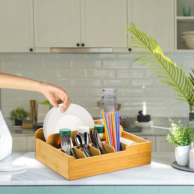 Frcctre Bamboo Utensil Caddy Organizer for Countertop, 8 Compartment Paper Plate Holder, Adjustable Utensil Holder Cutlery Organizer Box for Plate, Cup, Fork, Spoon, Napkin