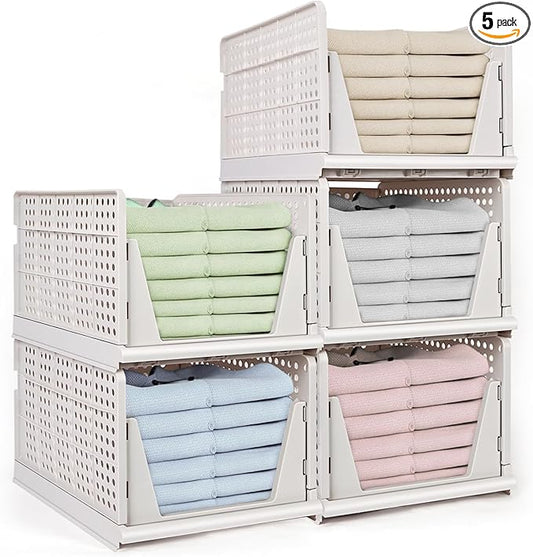 yazi 5XL Stackable Plastic Storage Basket,Closet Storage Bins for Clothes Sweater Organizer for Closet Folding Closet Organizers and Storage Closet Shelf Storage Container for Cupboard Bedroom