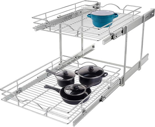 OCG 2 Tier Pull Out Cabinet Organizer (20" W x 18" D), Pull out Drawers for Kitchen Cabinets, Pull Out Shelves for Base Cabinet Organization in Kitchen Bathroom Pantry, Chrome Finish