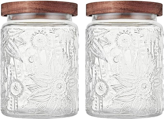 Glass Storage Jars With Airtight Lid, 23.7oz Container For Kitchen Counter with Wooden Lid, brown sugar, candy, coffee, cookie, salt, tea, cute Jar (Sunflower*2)