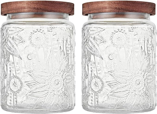 Glass Storage Jars With Airtight Lid, 23.7oz Container For Kitchen Counter with Wooden Lid, brown sugar, candy, coffee, cookie, salt, tea, cute Jar (Sunflower*2)