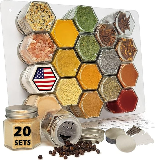 Magnetic Empty Small Hexagon Glass Spice Jars 20 Sets With Lids, Shaker, Board, Labels - DIY Spice Tins/Rack for Refrigerator, Fridge, Cabinet, Wall Mount