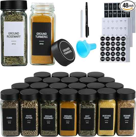 48 Glass Spice Jars with Labels,Spice Jar Set,4oz Seasoning Containers,Spice Containers with Black Airtight Lids and Shaker Lids,Square Empty Spice Bottles, 492 Labels,2 Marker Pens,1 Funnel