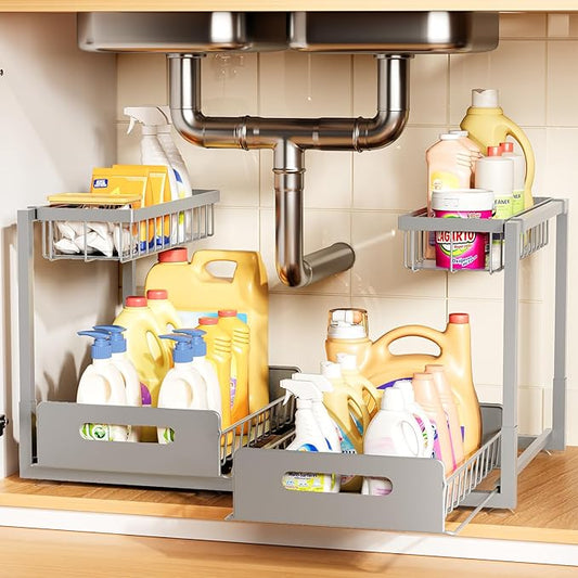 Under Sink Organizer 2 Pack,Metal Pull Out Cabinet Organizer Shelf,Kitchen Bathroom Organizers and Storage with Sliding Drawer,Storage Shelves,Storage and organization for Home,Laundry,RV,Pantry,Spice