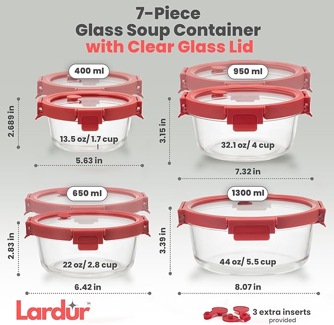 Premium Glass Food Storage Containers with Vented Lids – Set of 7, Various Size Round Borosilicate Glass Meal Prep Containers – BPA-Free, Microwave, Oven Dishwasher & Freezer Safe, Gift Packaged