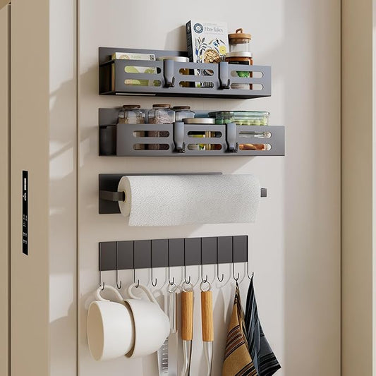 4 Pack Magnetic Spice Rack for Refrigerator with 4-Hook Rack and Paper Towel Holder, Black Magnetic Shelf and Fridge Kitchen Cabinet Organizers Storage Seasoning Organization Mini Shelves.