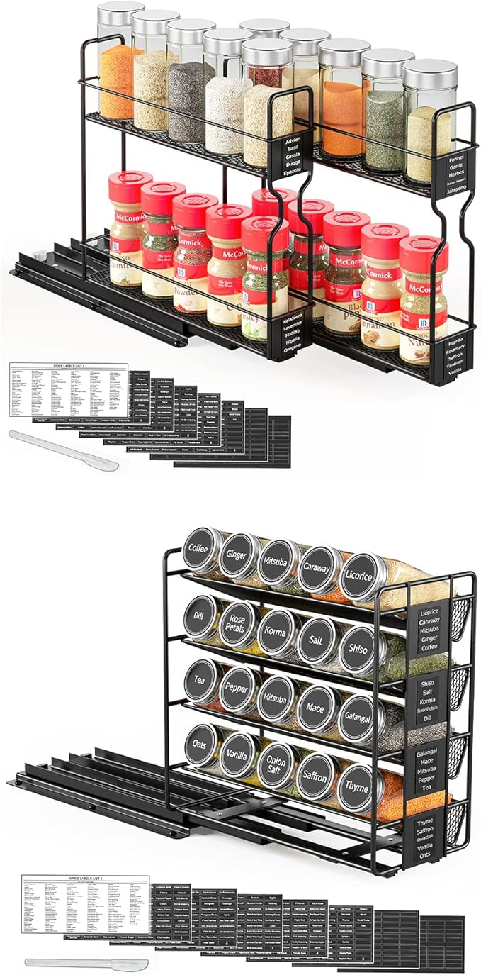 SpaceAid Pull Out Spice Rack Organizer for Cabinet, 2 Drawers 2-Tier, Pull Out Spice Rack Organizer with 20 Jars