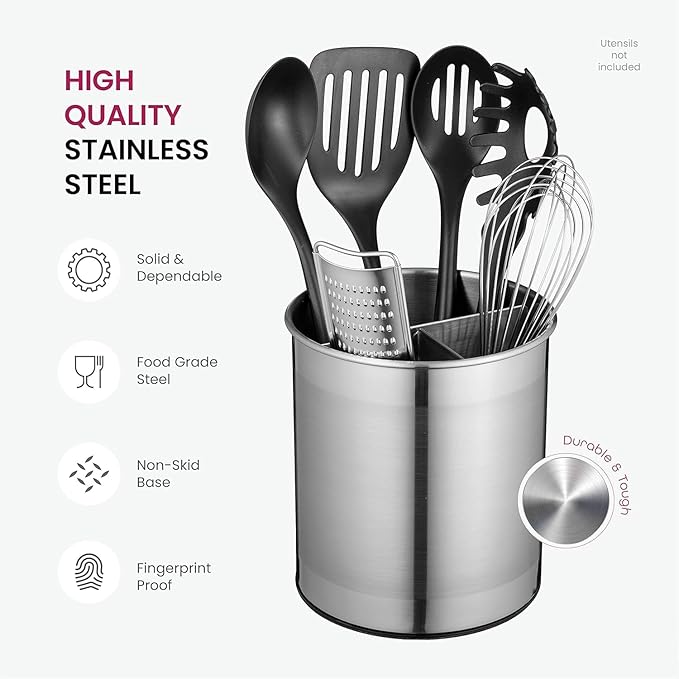 Stainless Steel Rotating Utensil Holder with Weighted Base for Stability, Kitchen Utensil Caddy with Removable Divider, Large Cooking Utensil Holder for Kitchen Counter