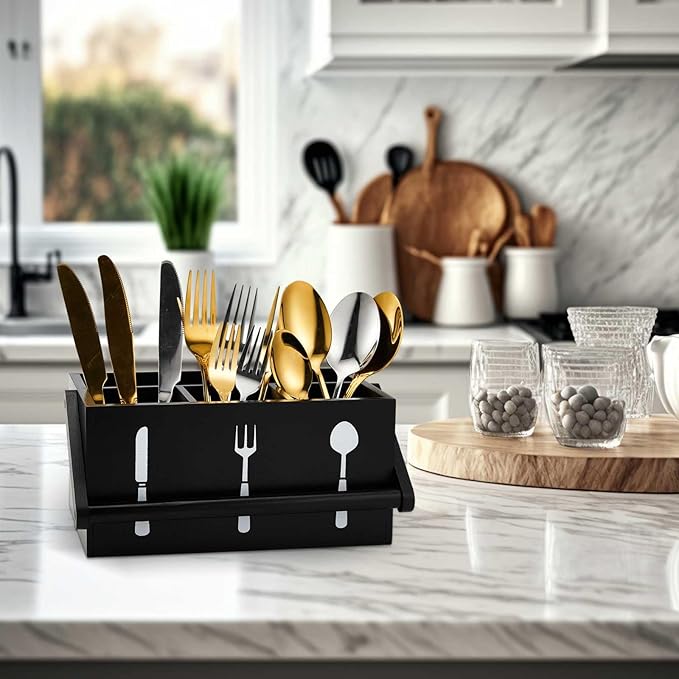 Geetery Acacia Utensil Caddy Silverware Caddy with Handle Wooden Multipurpose Countertop Flatware Napkin Utensil Organizer for Party Picnic Kitchen Trip, 9.1 x 5.9 x 4.5 in(Black)