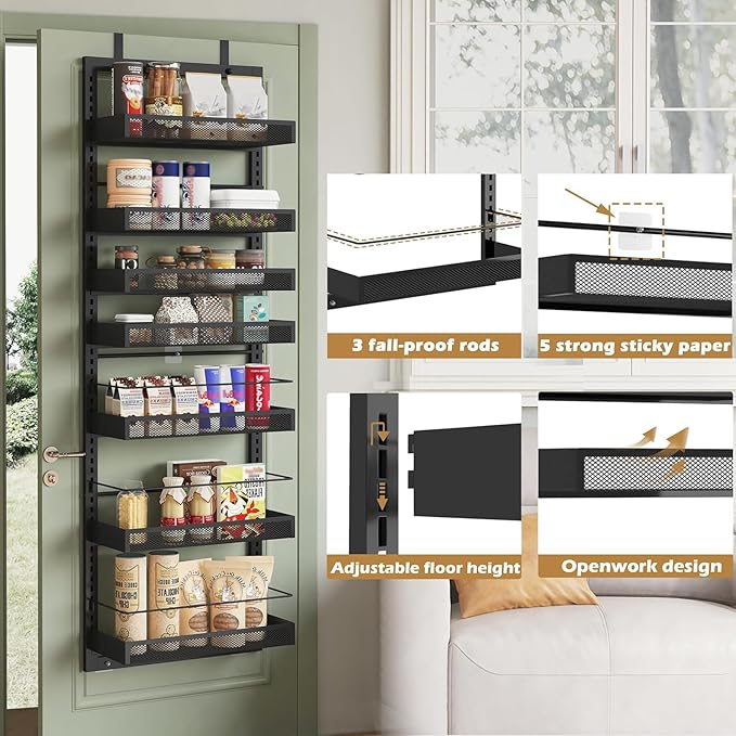 UMDONX Over The Door Pantry Organizer，7-Tier Pantry Organization and Storage with Adjustable Baskets，Metal Hanging Spice Rack with 2 Detachable Guardrails