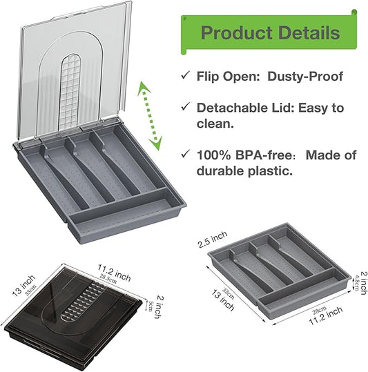 Silverware Container with Removable Lid, Countertop silverware holders Plastic Silverware Tray for Drawer, 5 Compartments Flatware Organizer (Grey)