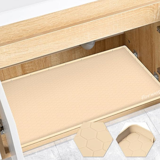 Waterproof Under Sink Mat 34" x 22", Silicone Cabinet Liner, Rubber Protector for Kitchen and Bathroom, Keeps Cabinets Clean, Dry, and Organized (Beige)