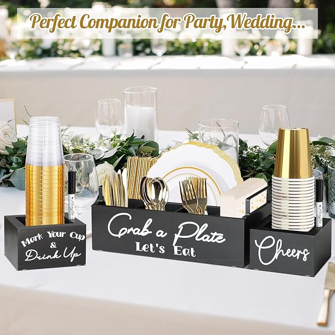 Paper Plate Holders with 2 Cup Holders and 2 Markers, Wood Utensil Holder for Party, Kitchen Paper Plate Dispenser for Counter, Disposable Plate Organizer, Silverware Holder for Cup, Plate, Napkin
