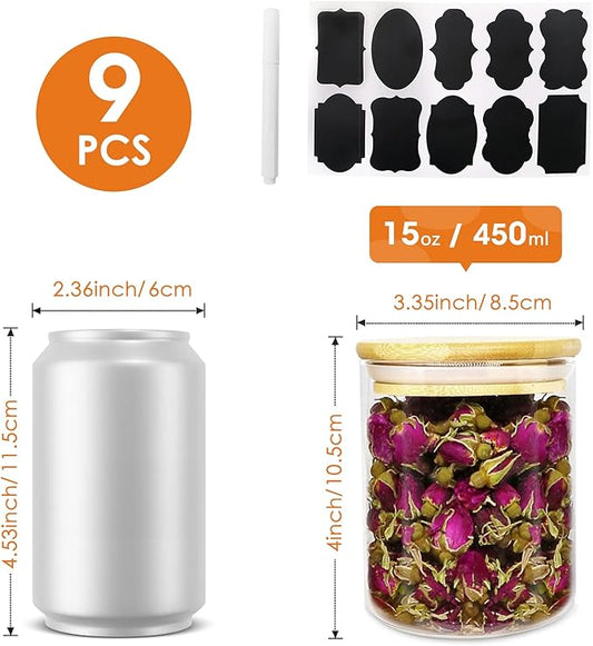 15oz Glass Jars with Airtight Bamboo Lids, Small Food Storage Containers, for Kitchen Pantry Organization Tea Coffee Candy Cookies Nuts（9 Pack）