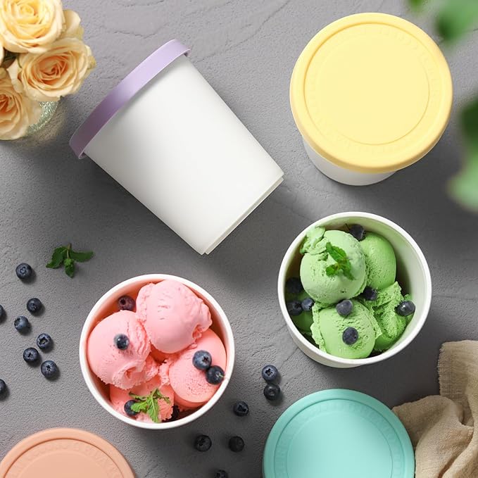 Set of 4 Ice Cream Containers for Homemade Ice Cream（1 Quart Each），Reusable Plastic Storage Containers Cups with Lids for Freezer，Stackable Storage Container for Gelato，Yogurt, Sorbet