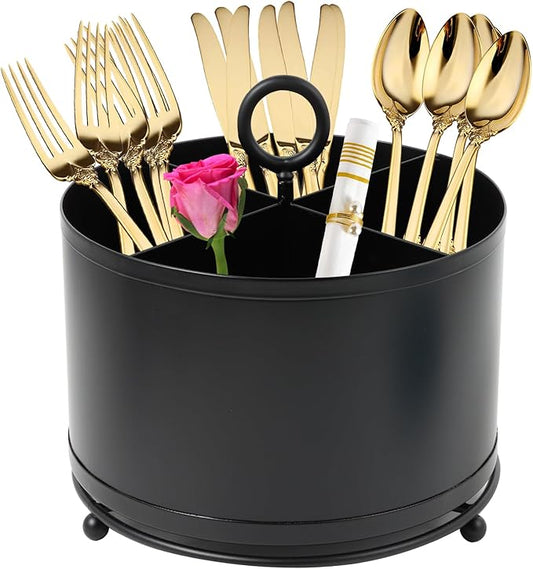 360°Rotating Silverware Caddy,Countertop Silverware Holder,Round Cutlery Caddy Fork Spoon Knife Utensil Organizer Plastic Flatware Holder for Parties Desk Organizer Caddy Pen Pencil Holder -Black
