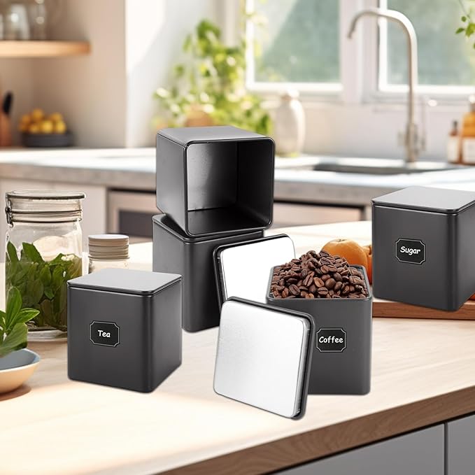 12 Pack Square Black Metal Tins, Small Tea Tin Canisters, 3 Oz Loose Leaf Tea Storage Containers with Airtight Lids, Square Tea Containers for Loose Teas, Herbs, Coffee, Cube Sugar