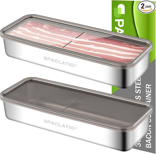 2 Pack Bacon Container for Refrigerator, 304 Stainless Steel Airtight Deli Meat Storage Containers with Lids for Fridge, Dishwasher Safe Food StorageContainers Fridge Organizers and Storage(46 OZ)