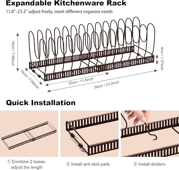 Pot and Pan Organizer Rack for Cabinet, Expandable Pot Lid Organizer with 14 Adjustable Dividers, Pan Holder Storage Rack for Kitchen Cabinet, Bronze