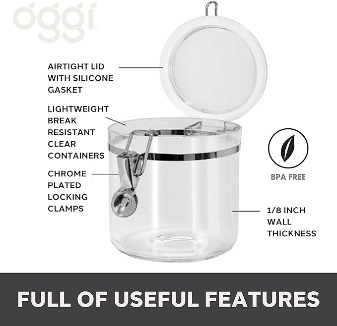 Oggi 4pc Clear Canister Set with Clamp Lids & Spoons - Airtight Food Storage Containers, Ideal for Kitchen & Pantry Storage of Bulk, Dry Food Including Flour, Sugar, Coffee, Rice, Tea, Spices & Herbs