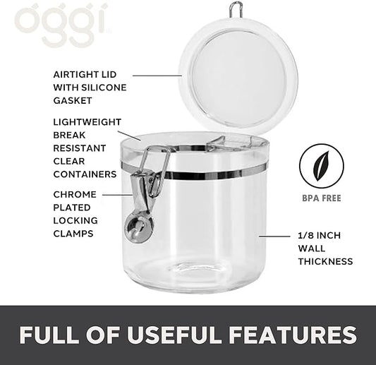 Oggi 4pc Clear Canister Set with Clamp Lids & Spoons - Airtight Food Storage Containers, Ideal for Kitchen & Pantry Storage of Bulk, Dry Food Including Flour, Sugar, Coffee, Rice, Tea, Spices & Herbs