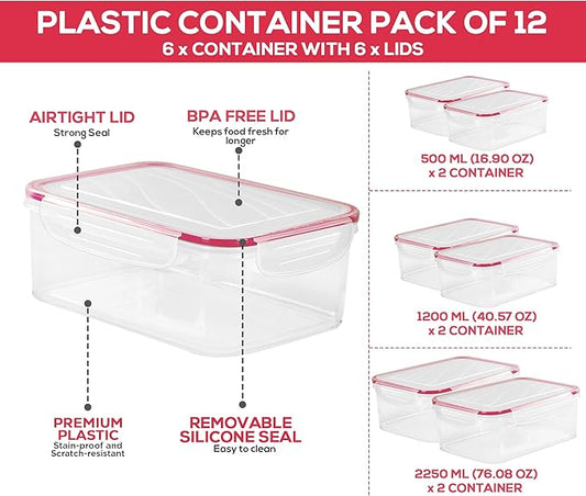Utopia Kitchen Plastic Food Storage Container Set with Airtight Lids - 12 Pieces (6 Containers & 6 Snap Lids)- Reusable & Leftover Lunch Boxes - Leak Proof