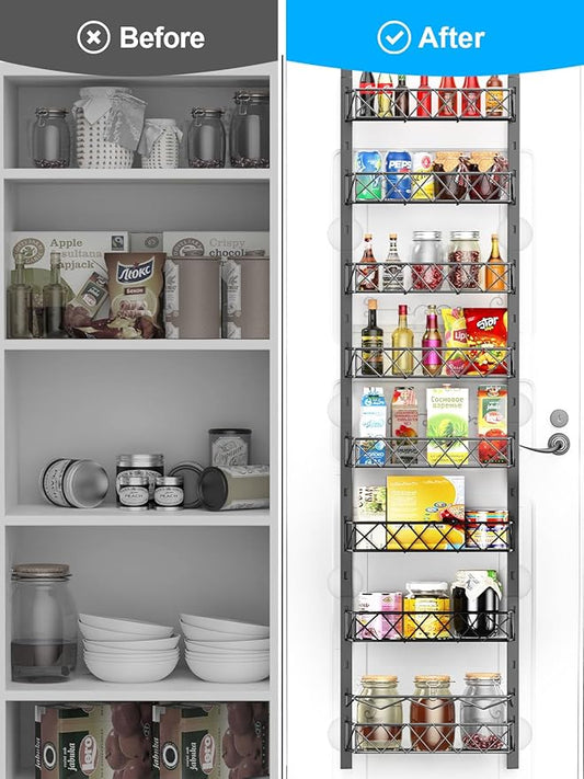Over the Door Pantry Organizer, 8 Tier Pantry Organizers and Storage Metal Hanging Spice Rack for Kitchen Behind the Door Storage with Basket