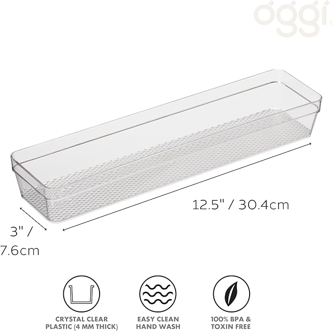 Oggi Clear Drawer Organizer - 3" X 12.5" - Ideal for Organizing Kitchen Drawers, Office, Desk, Silverware, Kitchen Utensils, Cosmetics and Bathrooms