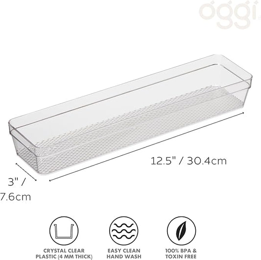 Oggi Clear Drawer Organizer - 3" X 12.5" - Ideal for Organizing Kitchen Drawers, Office, Desk, Silverware, Kitchen Utensils, Cosmetics and Bathrooms