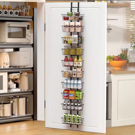 10 Tier Over the Door Pantry Organizer, Over the Door Spice Rack with Adjustable Baskets, Metal Hanging Door Pantry Organizers and Storage for Kitchen Bathroom Bedroom, Black
