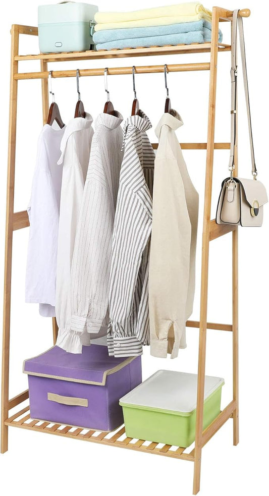 Ufine Bamboo Clothes Hanging Rack with 2 Tier Storage Shelves and 2 Coat Hooks Portable Laundry Rack Cloest Organizer Garment Rack for Bedroom Guest Room