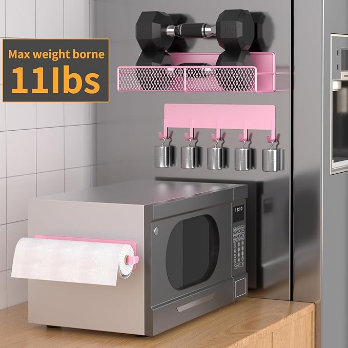 Pink Metal Spice Rack for Refrigerator, 7 Pack Moveable Organizer with Hook Rack, Paper Towel Holder, Strong Magnetic Storage