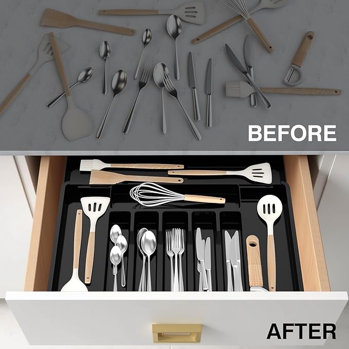 Large Silverware Drawer Organizer, Expandable Utensil Tray for Kitchen, BPA Free Adjustable Flatware and Cutlery Holder with Dividers, Storage and Organization for Spoons, Forks, Knives (6-9 Slots)