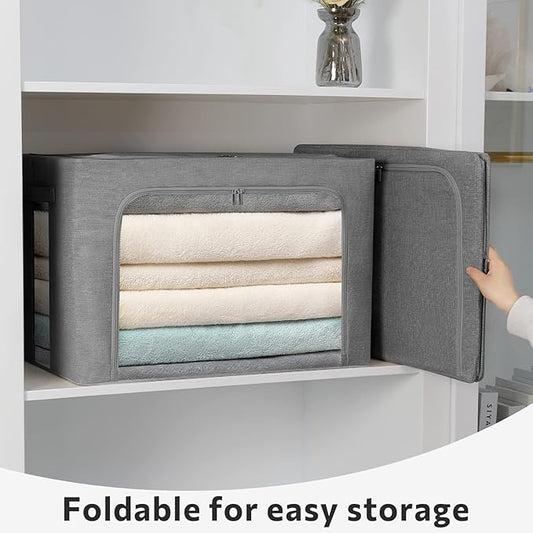 2 Pack Clear Window Storage Bins Foldable Fabric Storage Bins Boxes for Clothes Stackable Box Organizer Set with Carrying Handles (Gray,22L, 15.7x 11.8x 7.8 Inch)