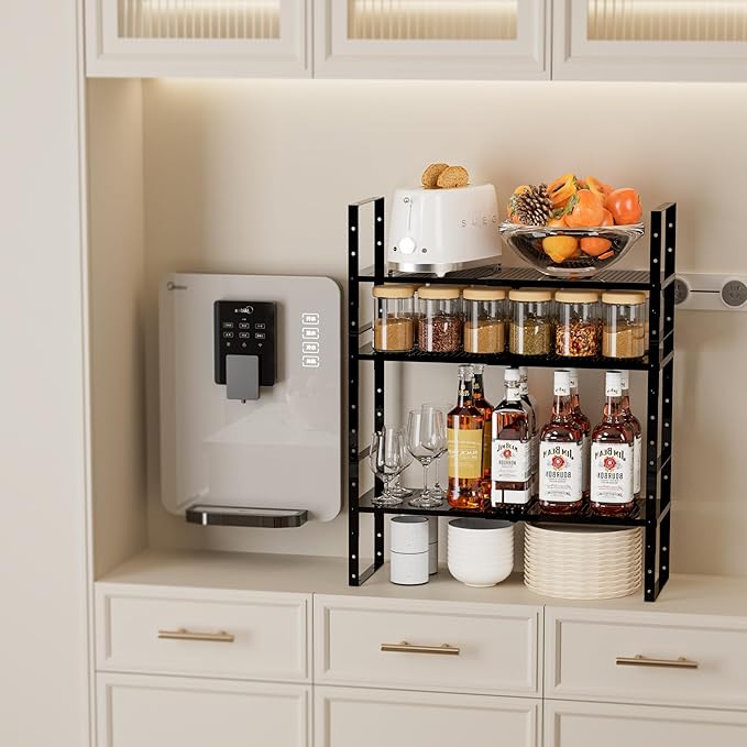 Cabinet Organizer Shelf,Expandable Adjustable Stackable Kitchen Organizer,Metal Shelf risers for cabinets, Kitchens and desks(3Packs/Black/Medium)