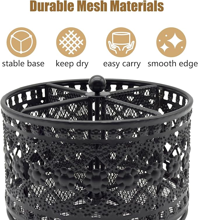 360° Rotating Metal Utensil Caddy - 4 Compartment Vintage Silverware Cutlery Holder Fork Spoon Napkin Organizer Flatware Storage Basket Party Countertop Buffet Picnic Camping Outdoor Black