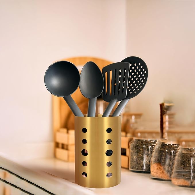 Gold Stainless Steel Utensil Holder 3.93x6.9 inch – Flatware Cylinder Draining Organizer & Drying Rack Caddy Basket for Kitchen Counter with Round Drain Holes, Stand for Fork, Knive, Spoon, Chopstick
