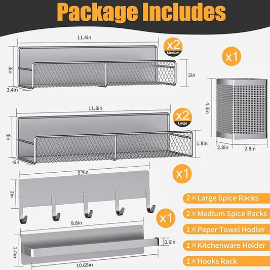 Grey Metal Spice Rack for Refrigerator - 7 Pack Moveable Organizer with Hook Rack, Paper Towel Holder, Strong Magnetic Storage