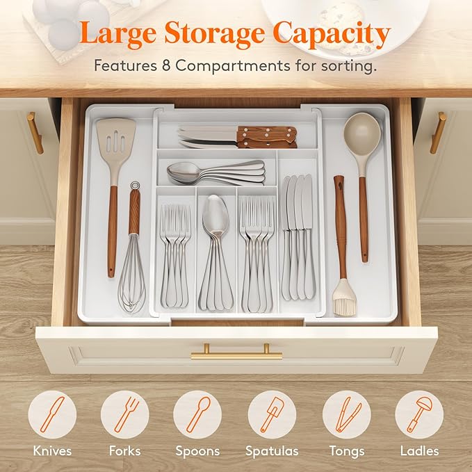 Lifewit Expandable Silverware Drawer Organizer, 22.4 x 16.7 x 2 inches, Adjustable Utensil Cutlery Tray for kitchen, Plastic Flatware Spoon Fork Knives Holder Storage Divider,1 Pack, White