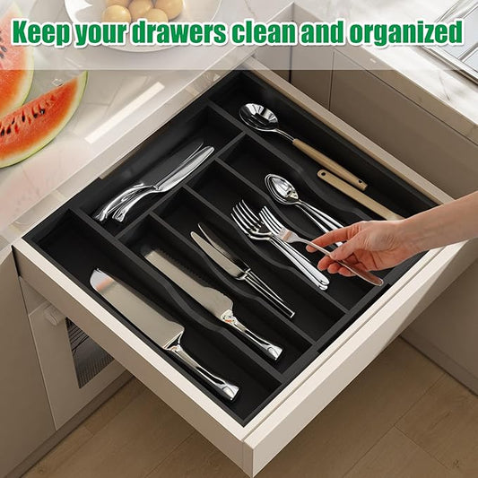 BAMBUROBA Bamboo Kitchen Drawer Organizer,Expandable Silverware Organizer,Utensil Holder and Cutlery Tray with 7 Slots,Gadgets Storage Divider,Black
