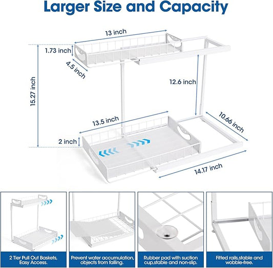 KPGRNUnder Kitchen Sink Organizers and Storage,2 Tier Sliding Cabinet Basket Organizer Drawer,Storage Shelves,Multi-Purpose Cabinet Organizers for Kitchen Bathroom.14.17X10.66 X 15.27In(White,2 Pack)
