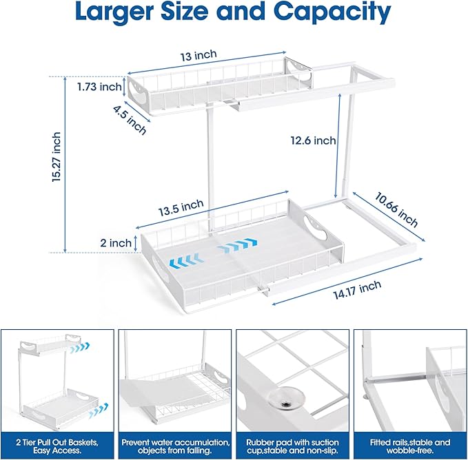 Under Kitchen Sink Organizers and Storage,2 Tier Sliding Cabinet Basket Organizer Drawer,Storage Shelves,Multi-Purpose Cabinet Organizers for Kitchen Bathroom.14.17X10.66 X 15.27In(White,1Pack)