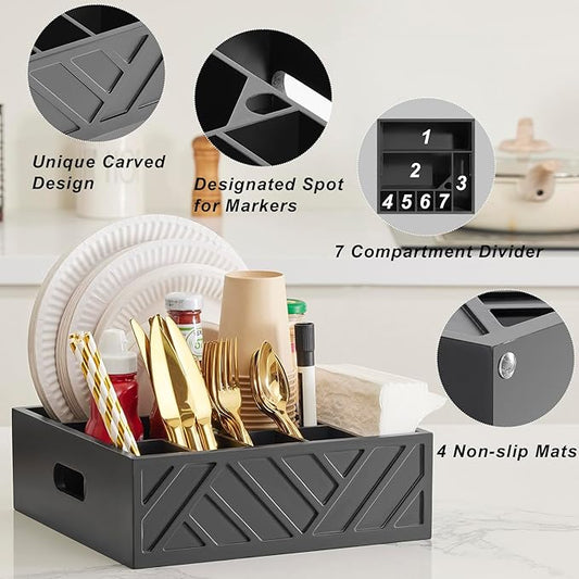 Paper Plate Dispenser-Wood Utensil Holder for Party-Paper Plate Organizer for Countertop-Wood Silverware Caddy with 7 Compartments,Spoonpicnic Caddy for Plates and Utensils-Black…