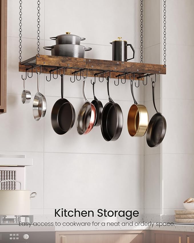 Hanging Pot Rack, Ceiling Wall Mounted Pot Rack for Kitchen, Industrial Style Pot Hanger with 18 Hooks, Cookware Storage Organizer, for Pots and Pans, Rustic Brown and Black TPR12BFC1