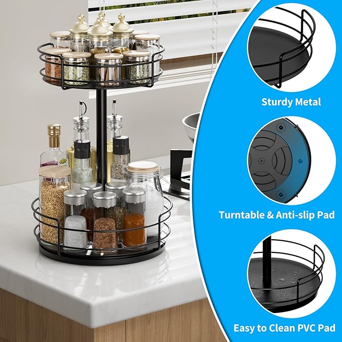 Lazy Susan Organizer, 2 Tier Lazy Susan Turntable for Cabinet, Spice Rack for Cabinet, Metal 360° Rotating Organizer for Kitchen, Cabinet, Countertop, Bathroom, Pantry, Black
