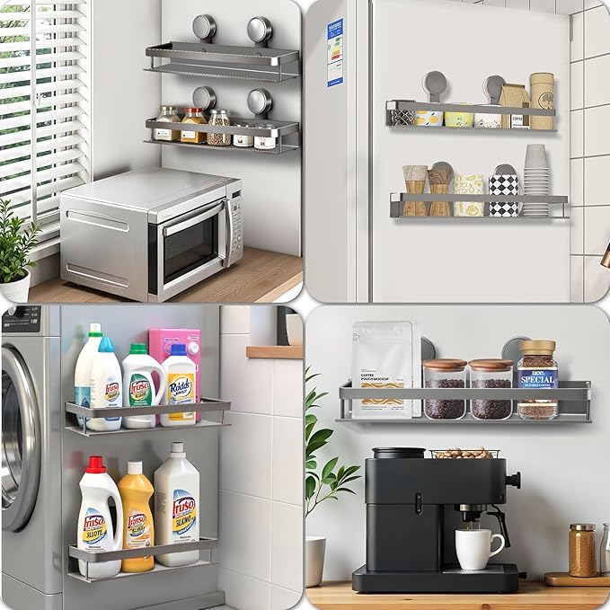 ONXE Suction Cup Spice Rack,2 Pack No-trace Seasoning Organizer with 5 Hook Rack/Hangers for Walls,Refrigerator,Oven,Cabinet,No Damage Pantry Organizers and Storage Shelf,Home and Kitchen Gadgets