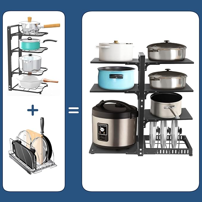 Pot Rack Organizers：CASONNIK 6+1-Tier Adjustable Heavy Duty Pan Organizer for Cabinet ，Multiple Use Modes，Pot Rack & Pan Rack for Kitchen Counter and Cabinet