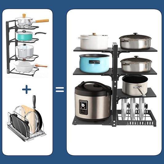 Pot Rack Organizers：CASONNIK 6+1-Tier Adjustable Heavy Duty Pan Organizer for Cabinet ，Multiple Use Modes，Pot Rack & Pan Rack for Kitchen Counter and Cabinet