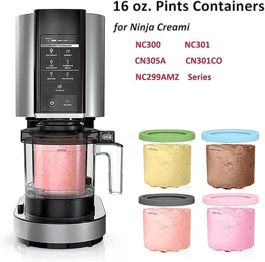 Containers Replacement for Ninja Creami Pints and Lids - 4 Pack, 16oz Cups Compatible with NC301 NC300 NC299AMZ Series Ice Cream Maker - Dishwasher Safe, Leak Proof Lids Pink/Mint/Grey/Blue